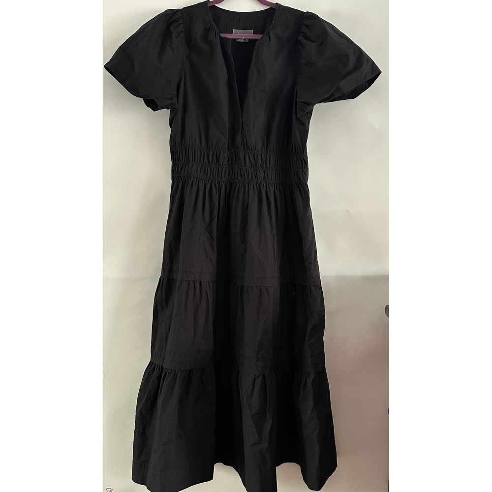 Anthropologie Somerset Maxi Dress Black Cotton Smocked Tiered Puff Sleeve XLP